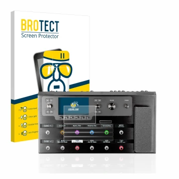 Front side of a product packaging with the brand logo BROTECT. Next to it is the device Line 6 Helix Floor shown with the corr