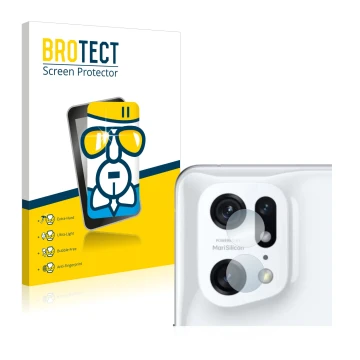 Front side of a product packaging with the brand logo BROTECT. Next to it is the device Oppo Find X5 Pro (ONLY Camera Lens) sh