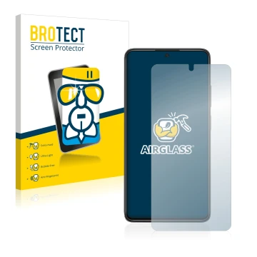 Front side of a product packaging with the brand logo BROTECT. Next to it is the device Xiaomi Poco X4 Pro 5G shown with the c