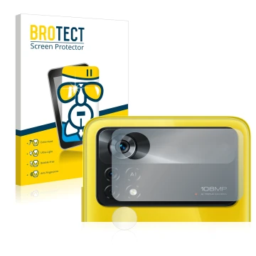 Front side of a product packaging with the brand logo BROTECT. Next to it is the device Xiaomi Poco X4 Pro 5G (ONLY Camera Len