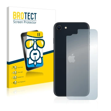 Front side of a product packaging with the brand logo BROTECT. Next to it is the device Apple iPhone SE 3 2022 (Back) shown wi