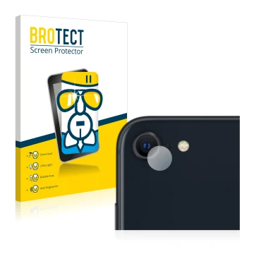 Front side of a product packaging with the brand logo BROTECT. Next to it is the device Apple iPhone SE 3 2022 (ONLY Camera Le