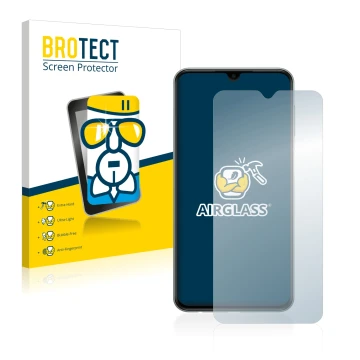 Front side of a product packaging with the brand logo BROTECT. Next to it is the device Samsung Galaxy M33 shown with the corr