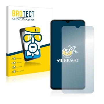 Front side of a product packaging with the brand logo BROTECT. Next to it is the device Samsung Galaxy M23 shown with the corr