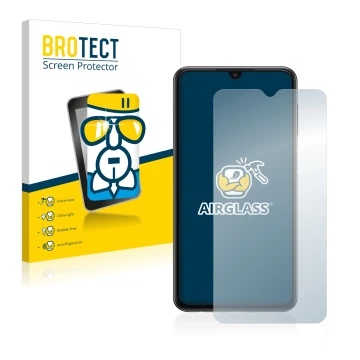 Front side of a product packaging with the brand logo BROTECT. Next to it is the device Samsung Galaxy A23 shown with the corr
