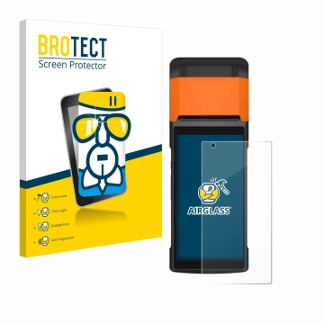 Front side of a product packaging with the brand logo BROTECT. Next to it is the device Sunmi V2s shown with the corresponding