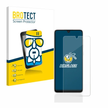 Front side of a product packaging with the brand logo BROTECT. Next to it is the device Samsung Galaxy A33 5G shown with the c