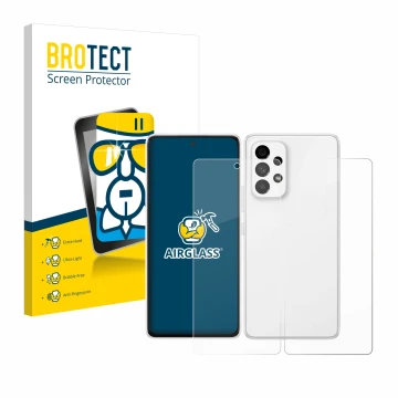 Front side of a product packaging with the brand logo BROTECT. Next to it is the device Samsung Galaxy A53 5G (Front+Back) sho
