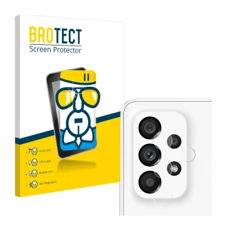 Front side of a product packaging with the brand logo BROTECT. Next to it is the device Samsung Galaxy A53 5G (ONLY Camera Len