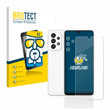 Front side of a product packaging with the brand logo BROTECT. Next to it is the device Samsung Galaxy A33 5G (Front+Camera) s