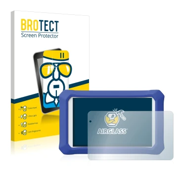Front side of a product packaging with the brand logo BROTECT. Next to it is the device Clementoni Clempad X Revolution shown 
