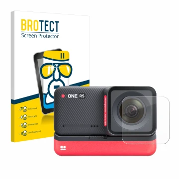 Front side of a product packaging with the brand logo BROTECT. Next to it is the device Insta360 One RS 4K Edition (Lens) show