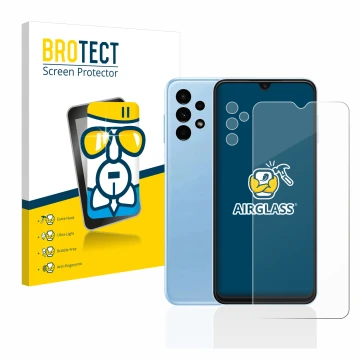 Front side of a product packaging with the brand logo BROTECT. Next to it is the device Samsung Galaxy A13 (Front+Camera) show