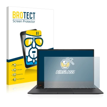 Front side of a product packaging with the brand logo BROTECT. Next to it is the device ASUS VivoBook S 15 OLED shown with the