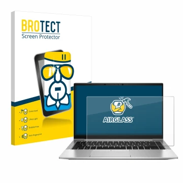 Front side of a product packaging with the brand logo BROTECT. Next to it is the device HP EliteBook 845 G8 shown with the cor