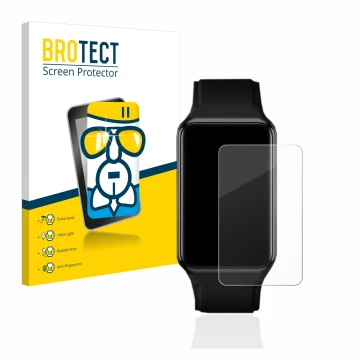 Front side of a product packaging with the brand logo BROTECT. Next to it is the device Oppo Watch Free shown with the corresp