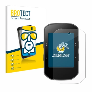 Front side of a product packaging with the brand logo BROTECT. Next to it is the device Bryton Rider S500 shown with the corre