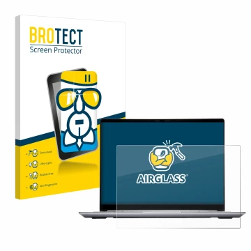 Front side of a product packaging with the brand logo BROTECT. Next to it is the device Framework Laptop 13 shown with the cor