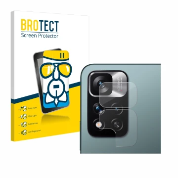 Front side of a product packaging with the brand logo BROTECT. Next to it is the device Xiaomi Redmi Note 11 Pro+ 5G (ONLY Cam