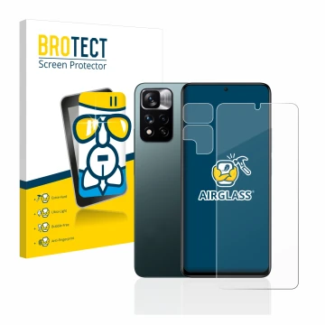 Front side of a product packaging with the brand logo BROTECT. Next to it is the device Xiaomi Redmi Note 11 Pro+ 5G (Front+Ca