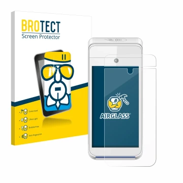 Front side of a product packaging with the brand logo BROTECT. Next to it is the device Pax A920 shown with the corresponding 