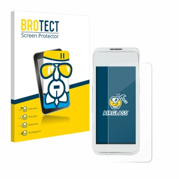 Front side of a product packaging with the brand logo BROTECT. Next to it is the device Pax A920 Pro shown with the correspond