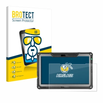 Front side of a product packaging with the brand logo BROTECT. Next to it is the device Getac F110 G6 shown with the correspon