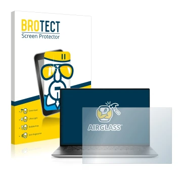 Front side of a product packaging with the brand logo BROTECT. Next to it is the device Dell XPS 15 9520 Non-Touch shown with 