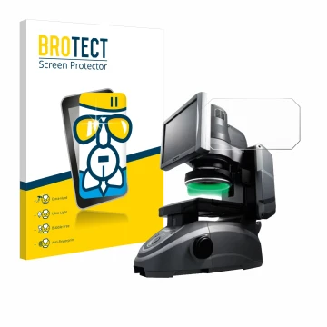 Front side of a product packaging with the brand logo BROTECT. Next to it is the device Keyence IM-6125 Glass plate shown with