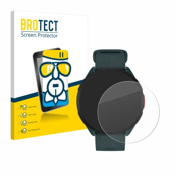 Front side of a product packaging with the brand logo BROTECT. Next to it is the device Polar Pacer shown with the correspondi