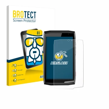 Front side of a product packaging with the brand logo BROTECT. Next to it is the device Crosscall Core T5 shown with the corre