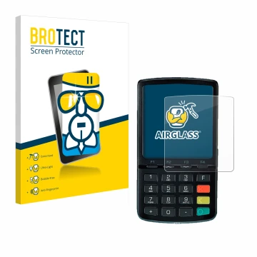 Front side of a product packaging with the brand logo BROTECT. Next to it is the device ingenico Link/2500 shown with the corr