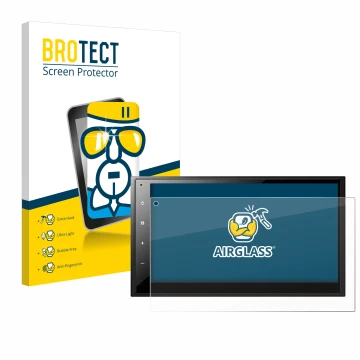 Front side of a product packaging with the brand logo BROTECT. Next to it is the device Pioneer DMH-A340DAB shown with the cor