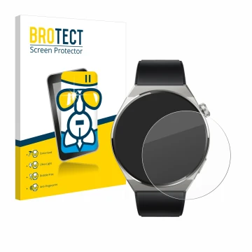 Front side of a product packaging with the brand logo BROTECT. Next to it is the device Huawei Watch GT 3 Pro Titanium (46mm) 