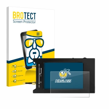 Front side of a product packaging with the brand logo BROTECT. Next to it is the device NanoVNA H4 shown with the correspondin