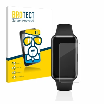 Front side of a product packaging with the brand logo BROTECT. Next to it is the device Huawei Band 7 shown with the correspon