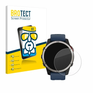 Front side of a product packaging with the brand logo BROTECT. Next to it is the device Garmin quatix 7 shown with the corresp