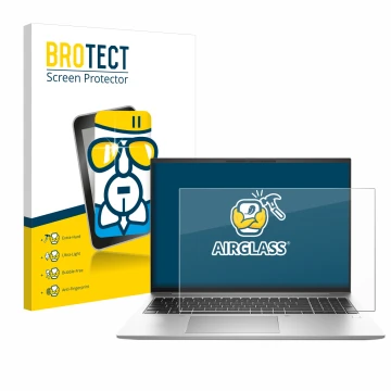 Front side of a product packaging with the brand logo BROTECT. Next to it is the device HP EliteBook 840 G9 shown with the cor