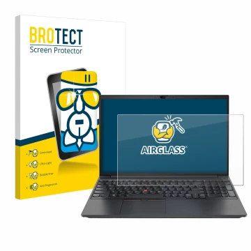 Front side of a product packaging with the brand logo BROTECT. Next to it is the device Lenovo ThinkPad E15 Gen 2 shown with t