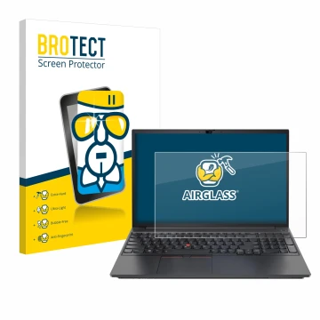 Front side of a product packaging with the brand logo BROTECT. Next to it is the device Lenovo ThinkPad E15 Gen 3 shown with t