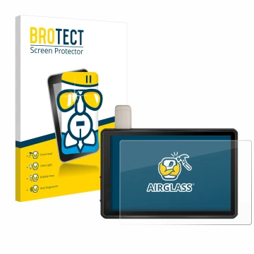 Front side of a product packaging with the brand logo BROTECT. Next to it is the device Garmin Tread Overland Edition 8