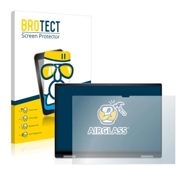 Front side of a product packaging with the brand logo BROTECT. Next to it is the device Dell Inspiron 16 7620 2-in-1 shown wit