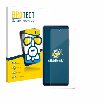 Front side of a product packaging with the brand logo BROTECT. Next to it is the device Sony Xperia 10 IV shown with the corre