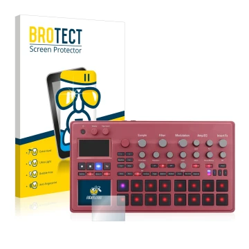 Front side of a product packaging with the brand logo BROTECT. Next to it is the device KORG electribe Sampler shown with the 