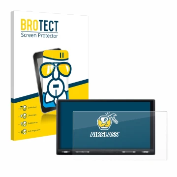 Front side of a product packaging with the brand logo BROTECT. Next to it is the device Sony XAV-AX5650 shown with the corresp