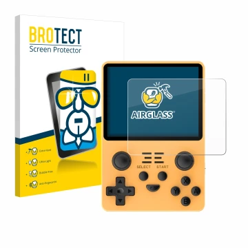 Front side of a product packaging with the brand logo BROTECT. Next to it is the device Powkiddy RGB20S shown with the corresp