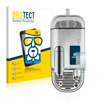 Front side of a product packaging with the brand logo BROTECT. Next to it is the device Sage Nespresso Creatista Pro shown wit