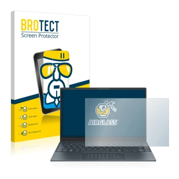 Front side of a product packaging with the brand logo BROTECT. Next to it is the device ASUS ZenBook 13 OLED shown with the co