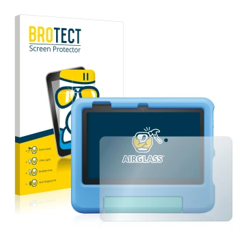 Front side of a product packaging with the brand logo BROTECT. Next to it is the device Amazon Fire 7 Kids 2022 shown with the
