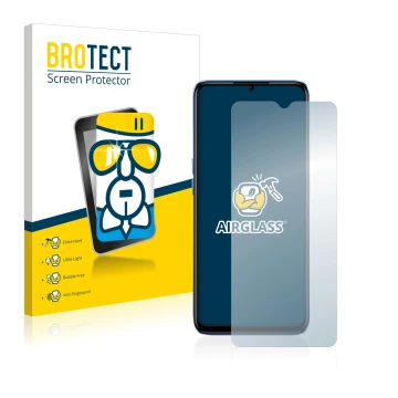 Front side of a product packaging with the brand logo BROTECT. Next to it is the device realme Narzo 50 5G shown with the corr
